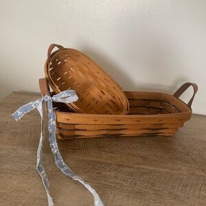 Rustic Brown Longaberger Woven Basket Set. Ohio USA. Leather handles